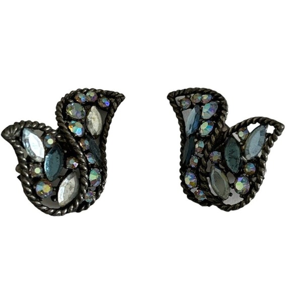 Mode Art Clip On Earrings Blue Silver Tone Aurora Borealis Rhinestone Vintage - Picture 7 of 7